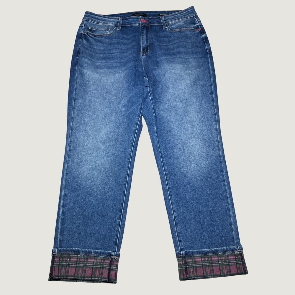 Judy Blue Boyfriend Jeans Womens 18W Plaid Lined Cuffs Stretch Medium Wash Blue